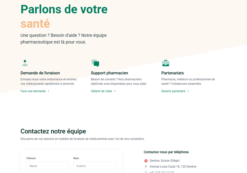Interface web PharmaLiv pour contact et livraison